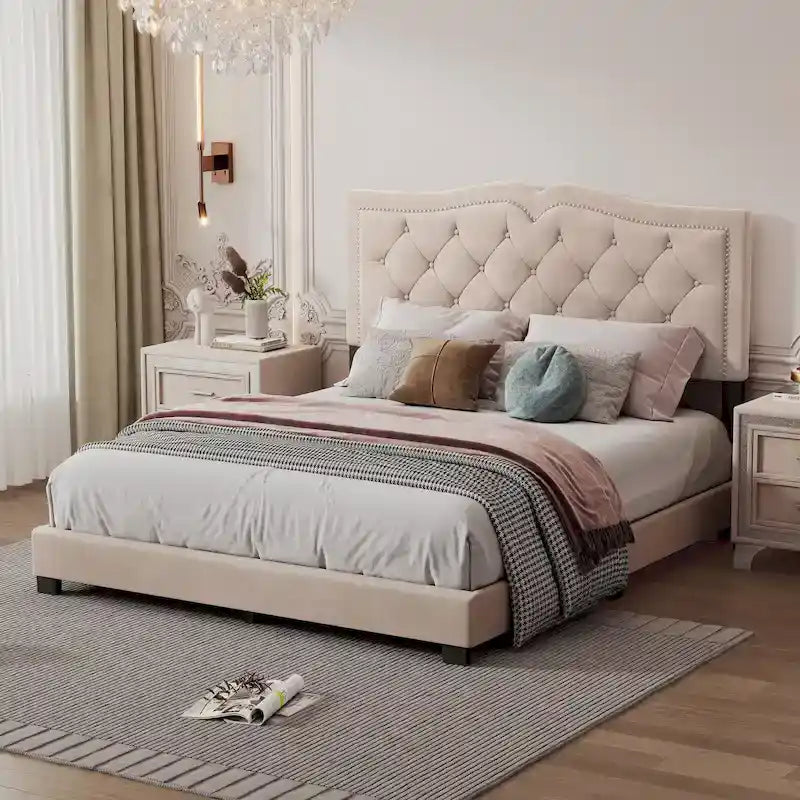 King Upholstered Platform Bed with 4 Storage Drawers, Linen Fabric, Multiple Colors