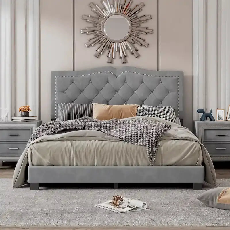 Queen Size Upholstered Bed Frame with Rivet Design, Modern Velvet Platform Bed with Tufted Headboard, Gray