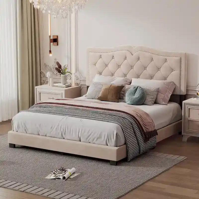 King Upholstered Platform Bed with 4 Storage Drawers, Linen Fabric, Multiple Colors