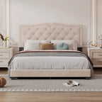 King Upholstered Platform Bed with 4 Storage Drawers, Linen Fabric, Multiple Colors