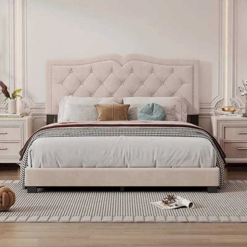 King Upholstered Platform Bed with 4 Storage Drawers, Linen Fabric, Multiple Colors