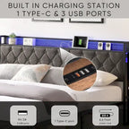 Grey Upholstered King Platform Bed with Storage Headboard, Charging Station, and LED Lights