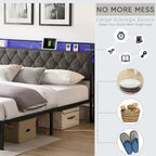 Grey Upholstered King Platform Bed with Storage Headboard, Charging Station, and LED Lights