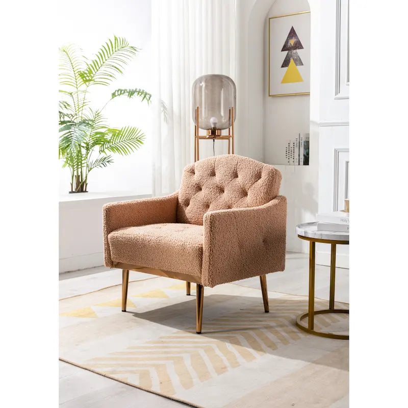 Teddy Fabric Upholstered Tufted Accent Chair with Gold Metal Legs, Mid-Century Style