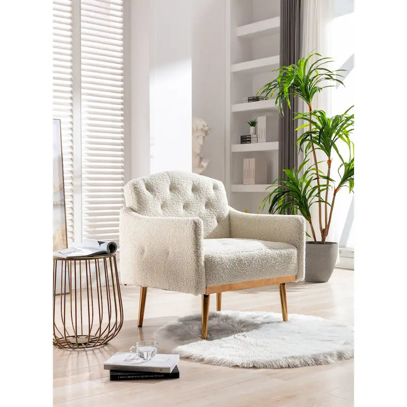 Teddy Fabric Upholstered Tufted Accent Chair with Gold Metal Legs, Mid-Century Style