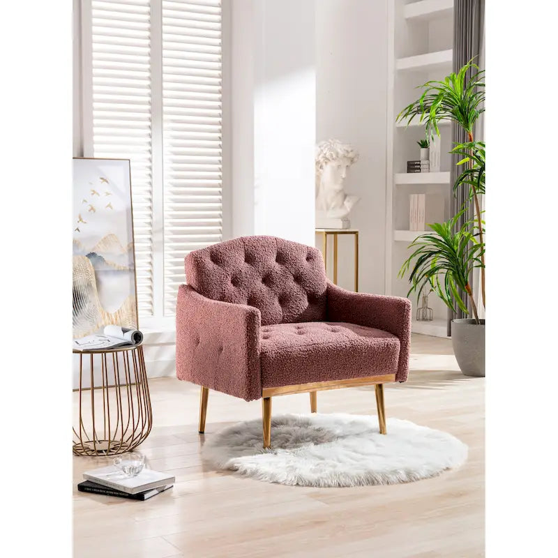 Teddy Fabric Upholstered Tufted Accent Chair with Gold Metal Legs, Mid-Century Style