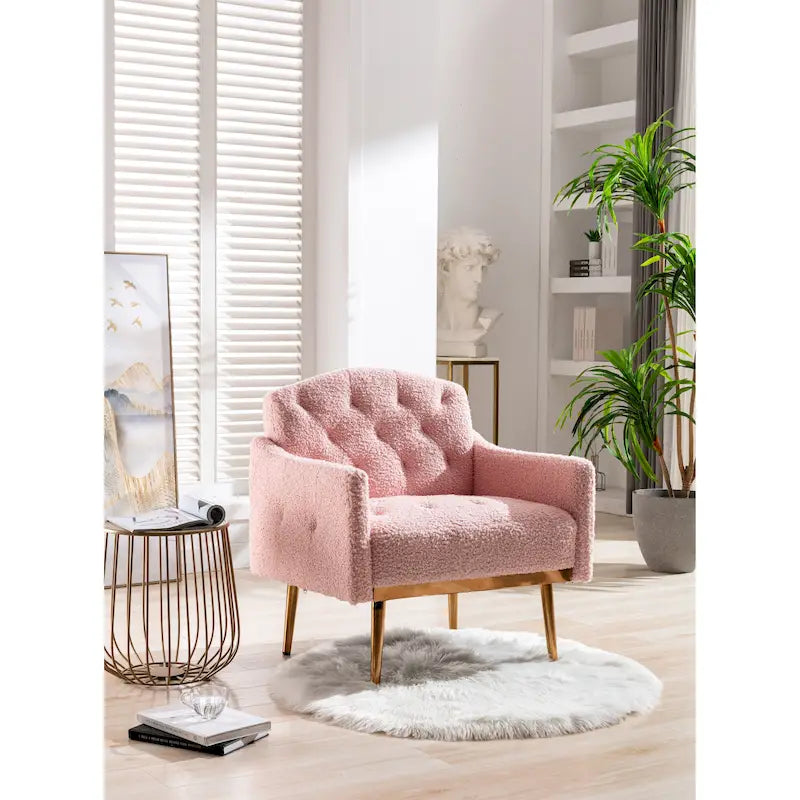 Teddy Fabric Upholstered Tufted Accent Chair with Gold Metal Legs, Mid-Century Style