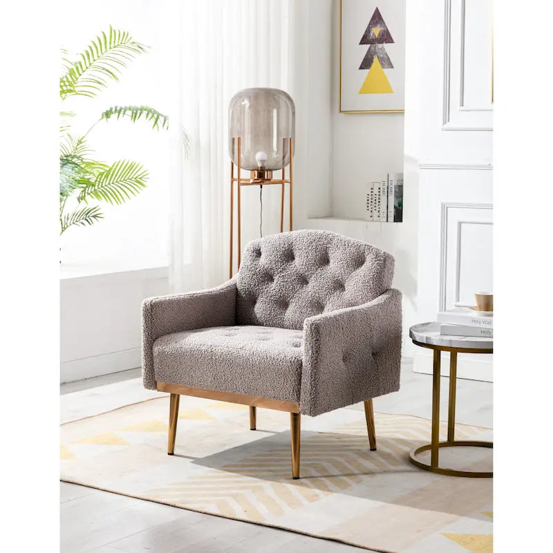 Teddy Fabric Upholstered Tufted Accent Chair with Gold Metal Legs, Mid-Century Style