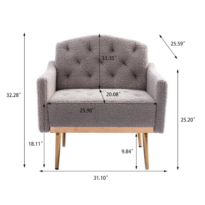Teddy Fabric Upholstered Tufted Accent Chair with Gold Metal Legs, Mid-Century Style