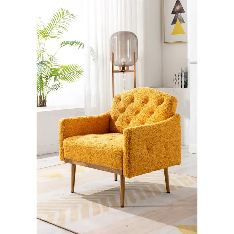 Teddy Fabric Upholstered Tufted Accent Chair with Gold Metal Legs, Mid-Century Style