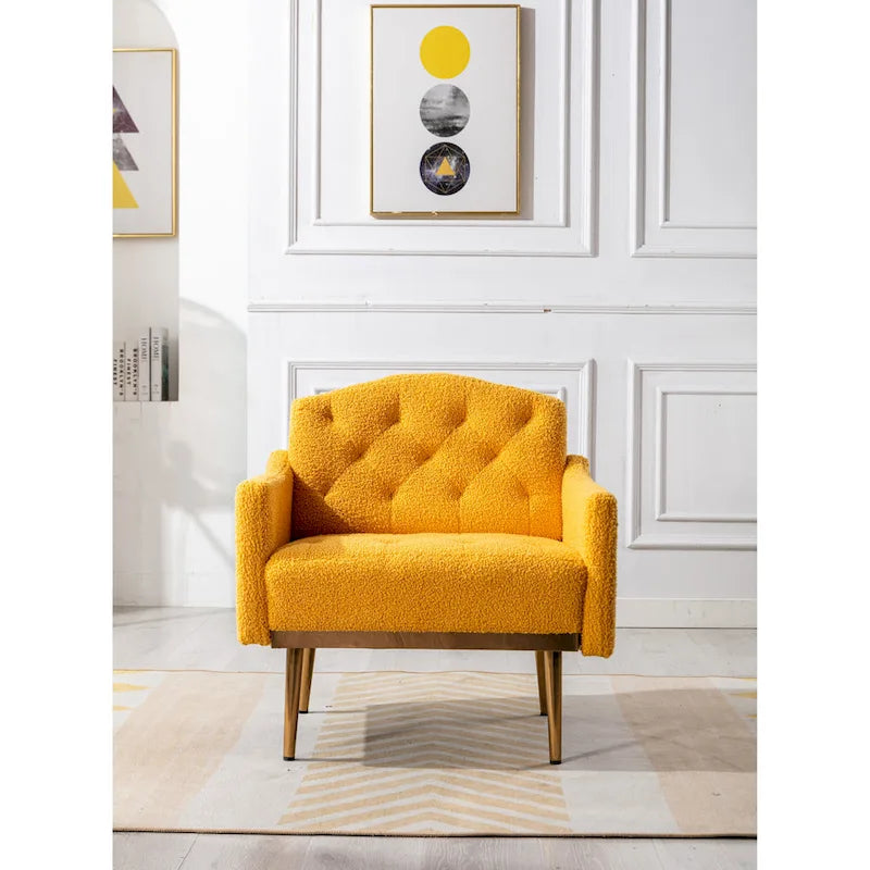 Teddy Fabric Upholstered Tufted Accent Chair with Gold Metal Legs, Mid-Century Style