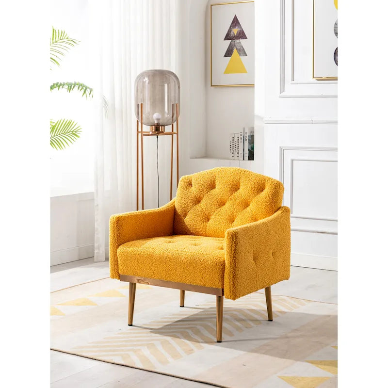 Teddy Fabric Upholstered Tufted Accent Chair with Gold Metal Legs, Mid-Century Style