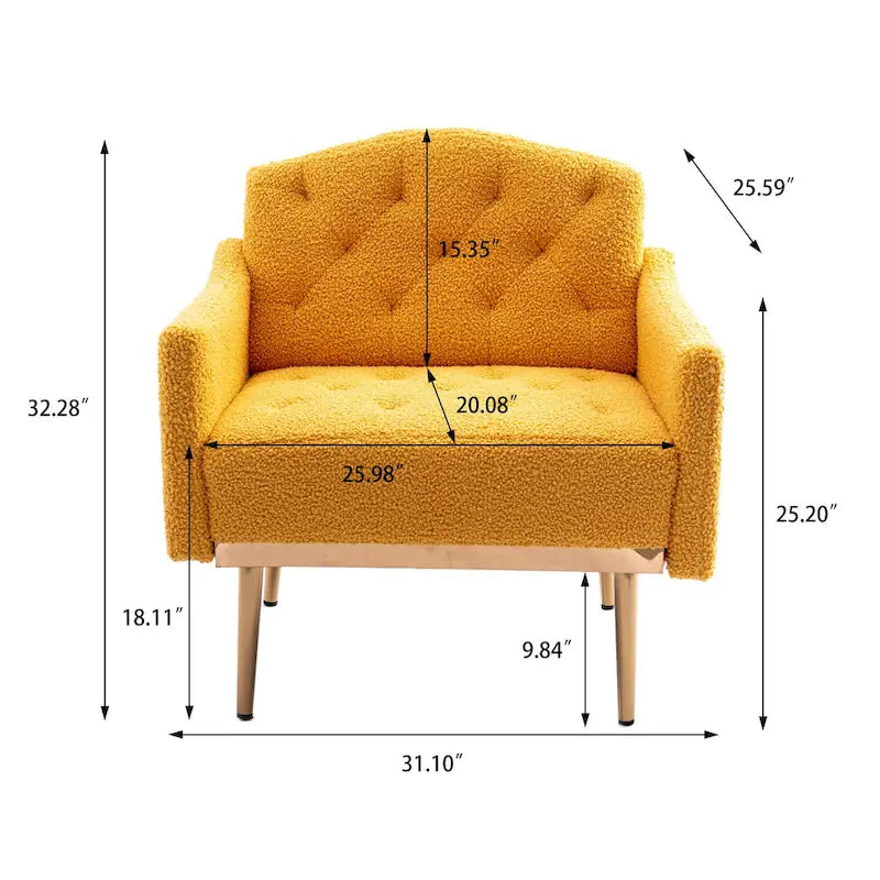 Teddy Fabric Upholstered Tufted Accent Chair with Gold Metal Legs, Mid-Century Style