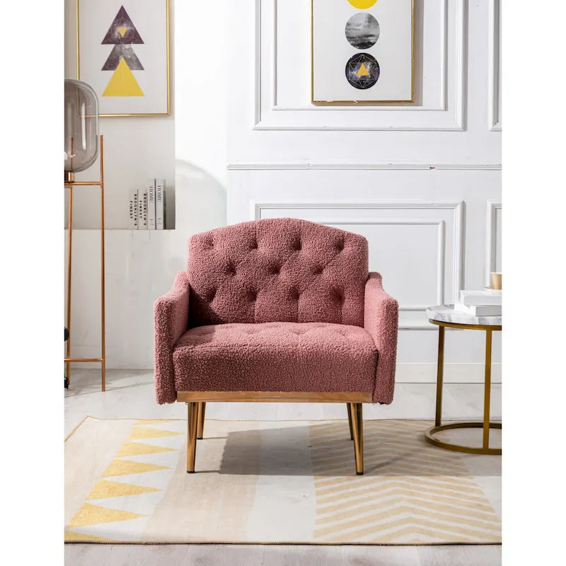 Teddy Fabric Upholstered Tufted Accent Chair with Gold Metal Legs, Mid-Century Style