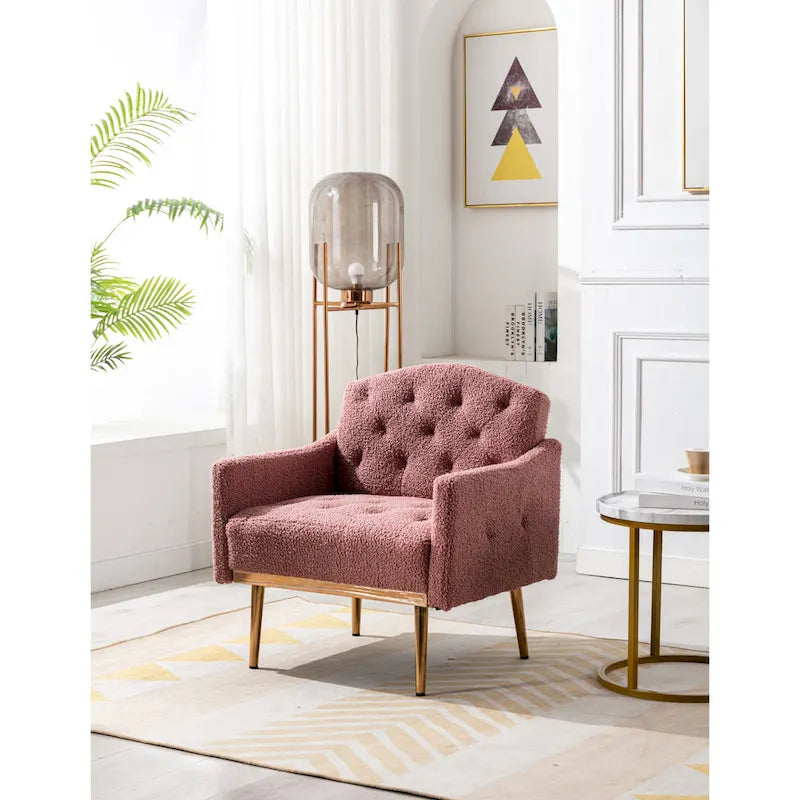 Teddy Fabric Upholstered Tufted Accent Chair with Gold Metal Legs, Mid-Century Style