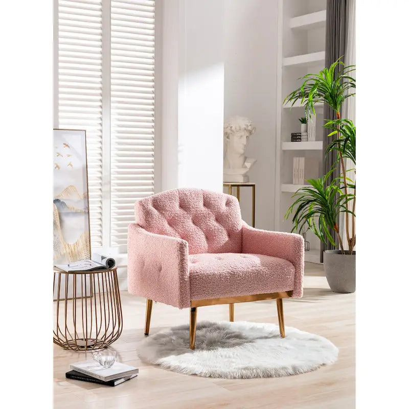 Teddy Fabric Upholstered Tufted Accent Chair with Gold Metal Legs, Mid-Century Style