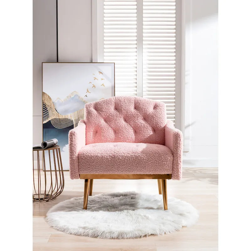 Teddy Fabric Upholstered Tufted Accent Chair with Gold Metal Legs, Mid-Century Style