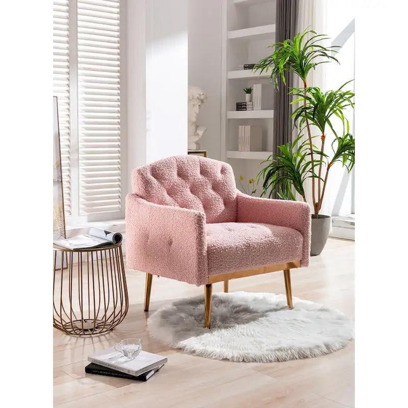 Teddy Fabric Upholstered Tufted Accent Chair with Gold Metal Legs, Mid-Century Style