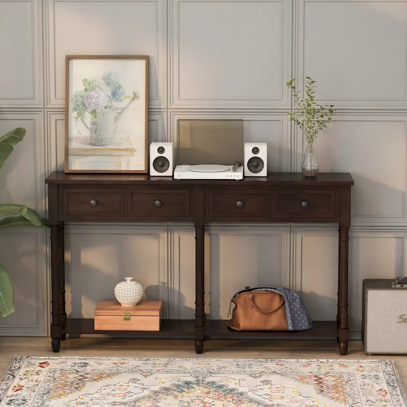 Console Sofa Table with 2 Drawers and Bottom Shelf, Distressed Wood Finish