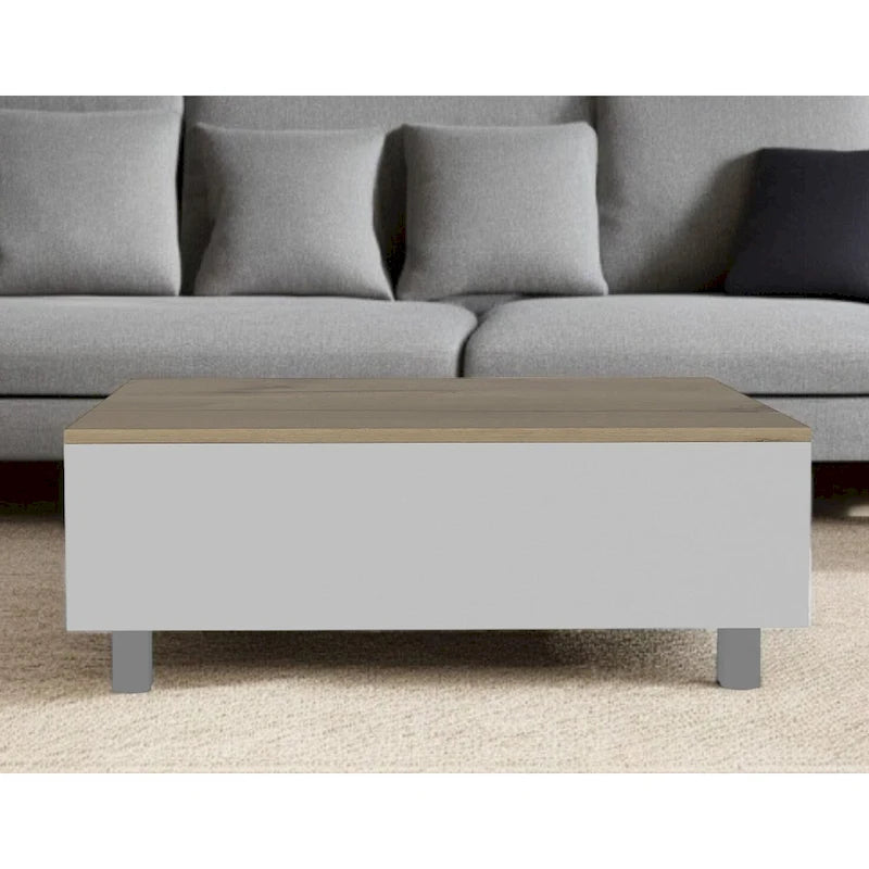 Lift Top Coffee Table with Drawer and Shelf, White and Light Oak, 31.5"W x 21.4"D x 21.4"H