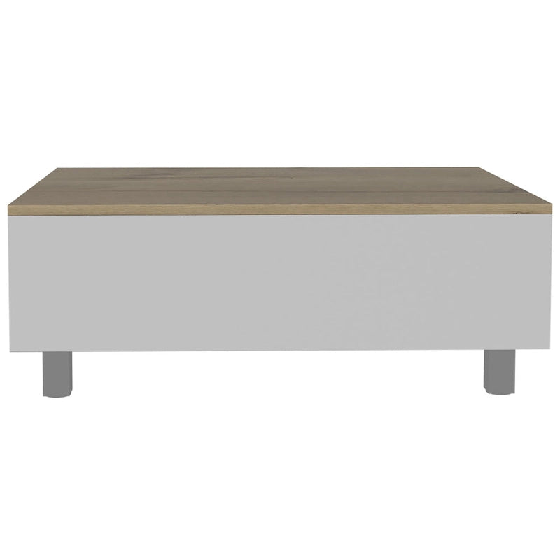 Lift Top Coffee Table with Drawer and Shelf, White and Light Oak, 31.5"W x 21.4"D x 21.4"H