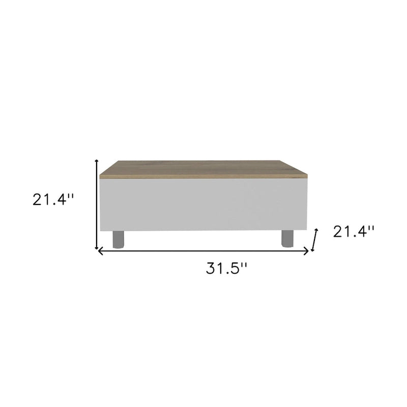 Lift Top Coffee Table with Drawer and Shelf, White and Light Oak, 31.5"W x 21.4"D x 21.4"H