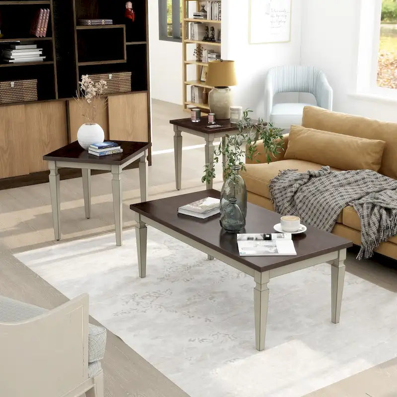 48-inch Solid Wood 3-Piece Coffee Table Set with Distressed Finish