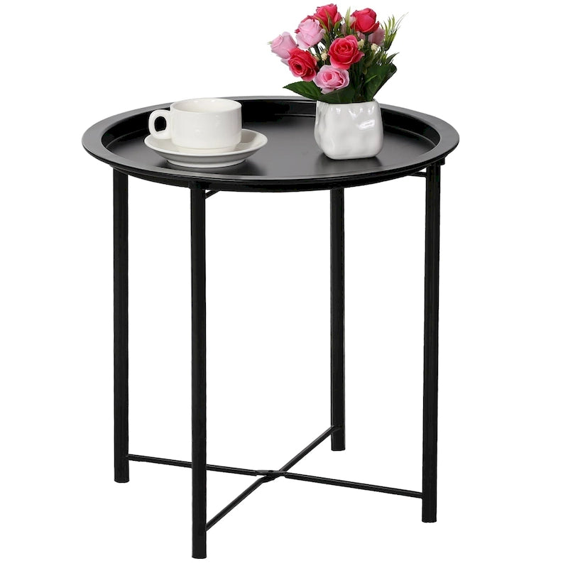 Folding Round Side Table with Removable Tray, Steel Frame, 18.5"W x 19.7"H