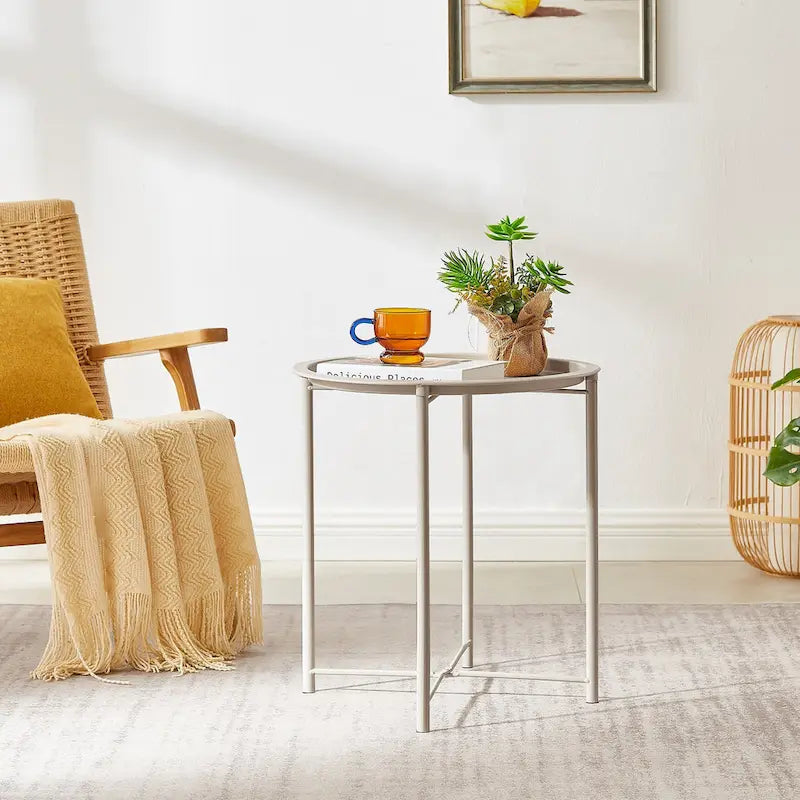 Folding Round Side Table with Removable Tray, Steel Frame, 18.5"W x 19.7"H