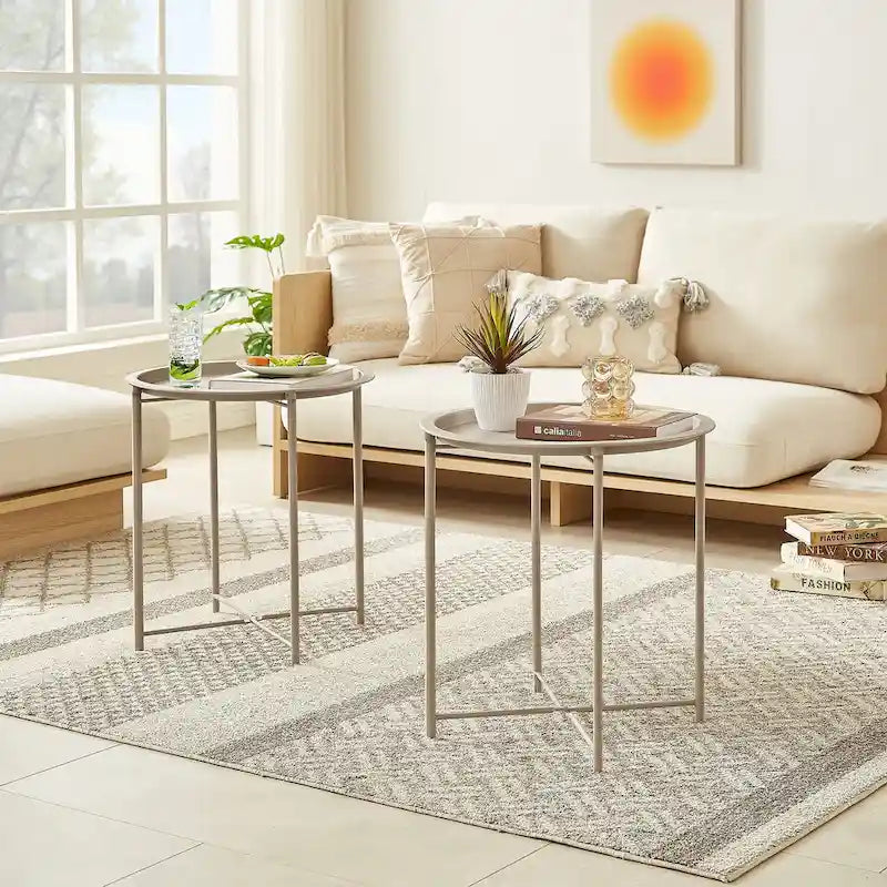 Folding Round Side Table with Removable Tray, Steel Frame, 18.5"W x 19.7"H