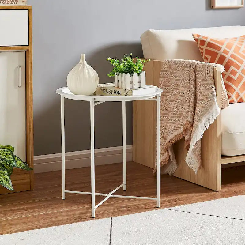 Folding Round Side Table with Removable Tray, Steel Frame, 18.5"W x 19.7"H