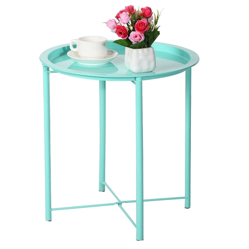 Folding Round Side Table with Removable Tray, Steel Frame, 18.5"W x 19.7"H
