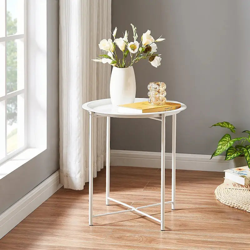 Folding Round Side Table with Removable Tray, Steel Frame, 18.5"W x 19.7"H