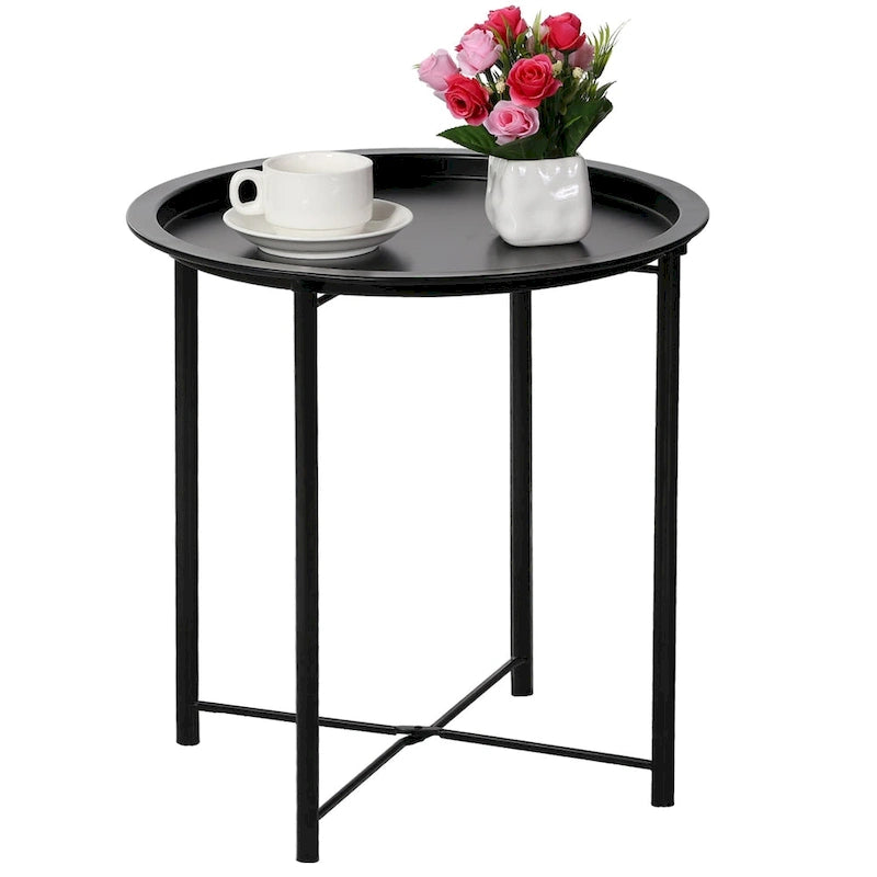 Folding Round Side Table with Removable Tray, Steel Frame, 18.5"W x 19.7"H