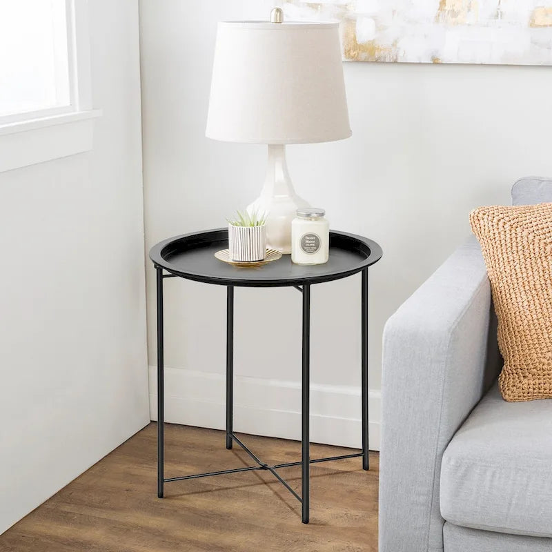 Folding Round Side Table with Removable Tray, Steel Frame, 18.5"W x 19.7"H
