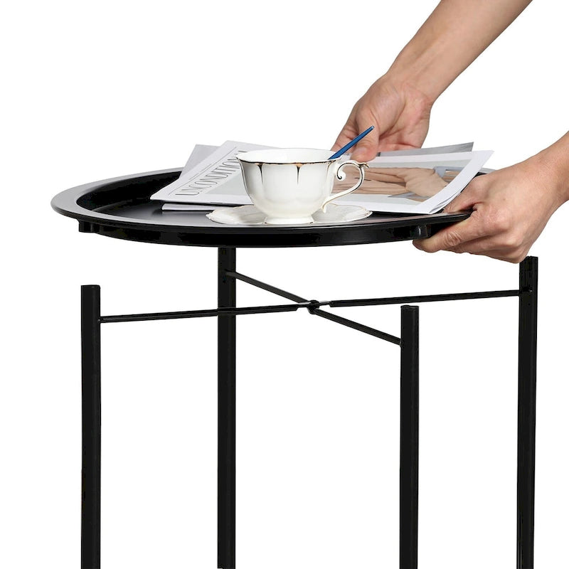 Folding Round Side Table with Removable Tray, Steel Frame, 18.5"W x 19.7"H