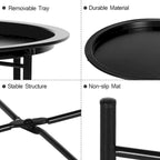 Folding Round Side Table with Removable Tray, Steel Frame, 18.5"W x 19.7"H