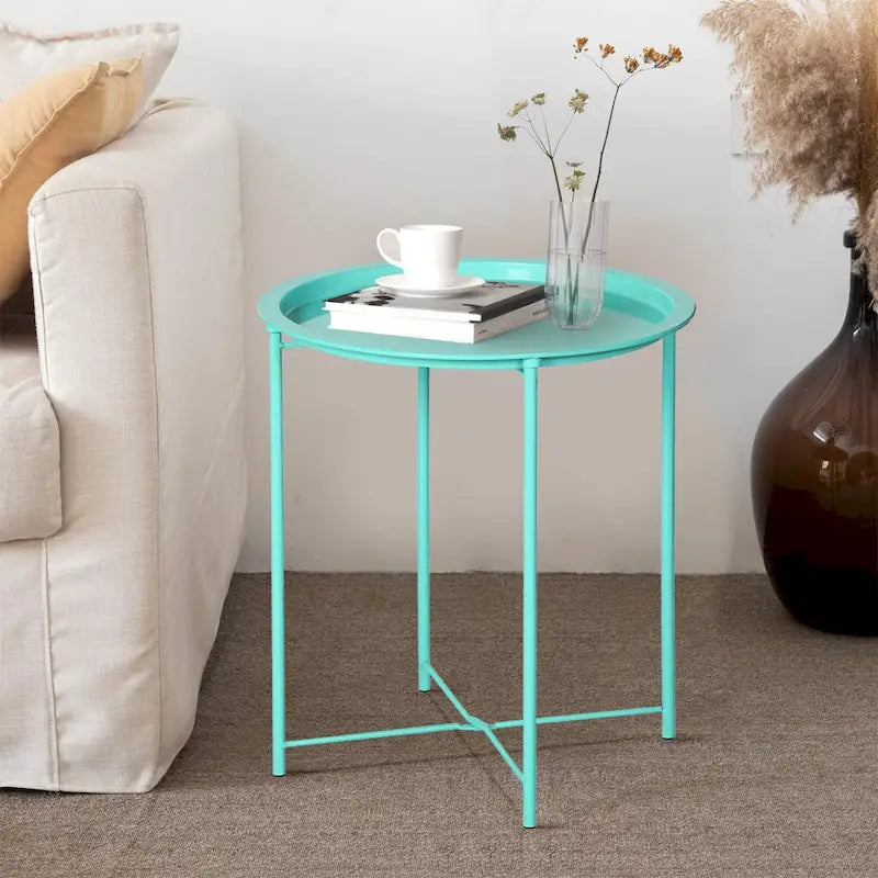 Folding Round Side Table with Removable Tray, Steel Frame, 18.5"W x 19.7"H