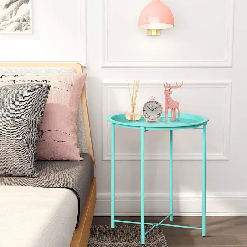 Folding Round Side Table with Removable Tray, Steel Frame, 18.5"W x 19.7"H
