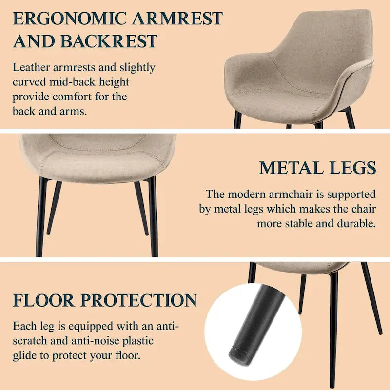 Upholstered Dining Arm Chair with Metal Legs, Set of 2 – 24.5"D x 25.2"W x 33"H