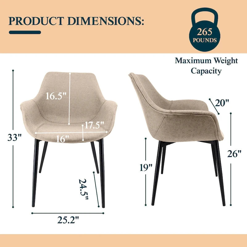 Upholstered Dining Arm Chair with Metal Legs, Set of 2 – 24.5"D x 25.2"W x 33"H