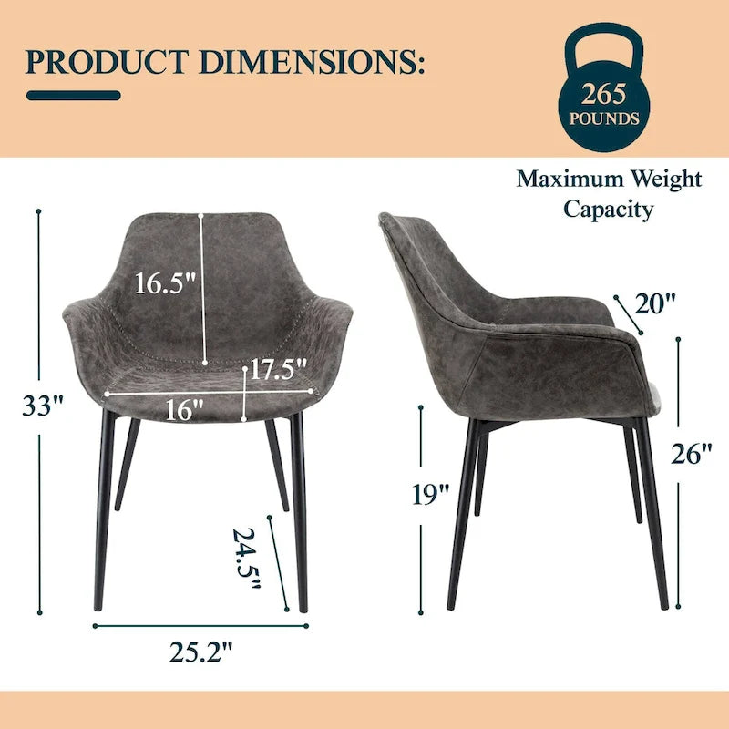 Upholstered Dining Arm Chair with Metal Legs, Set of 2 – 24.5"D x 25.2"W x 33"H