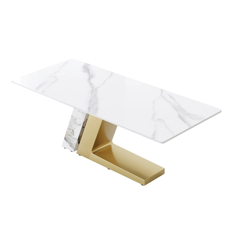 Modern Slate Kitchen Dining Table with White Rectangle Sintered Stone Top and Metal Legs -- 63/71/79