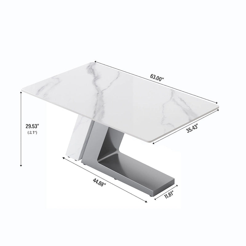 Modern Slate Kitchen Dining Table with White Rectangle Sintered Stone Top and Metal Legs -- 63/71/79