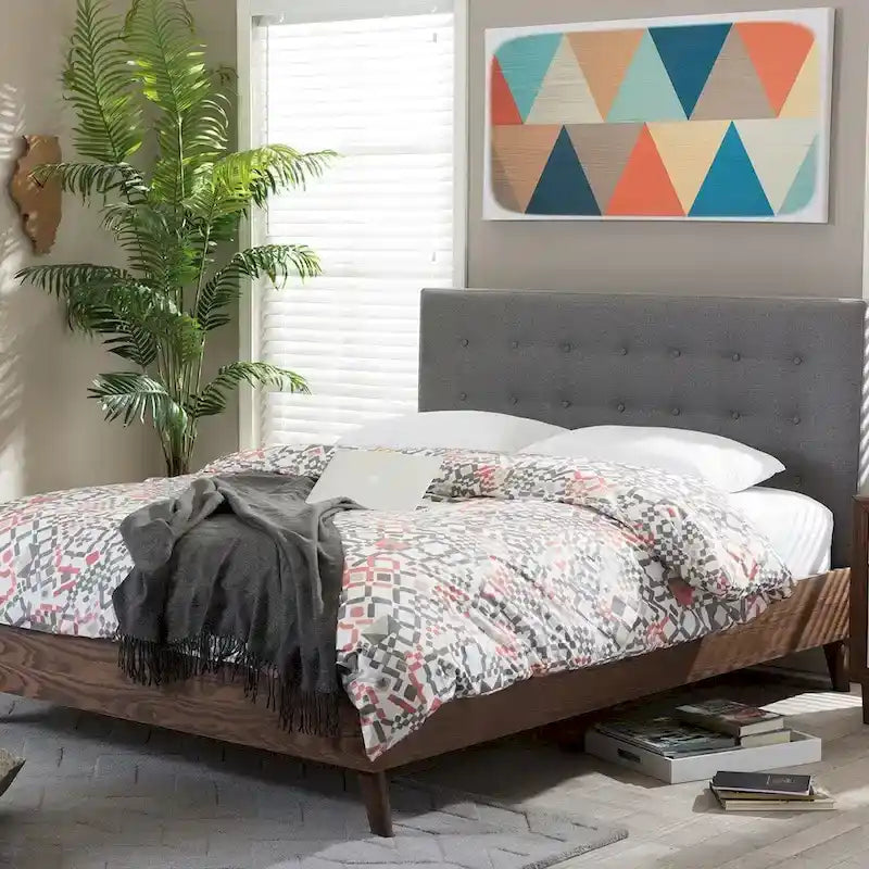  Harjavalta Mid-century Grey Upholstered Walnut Wood Platform Bed