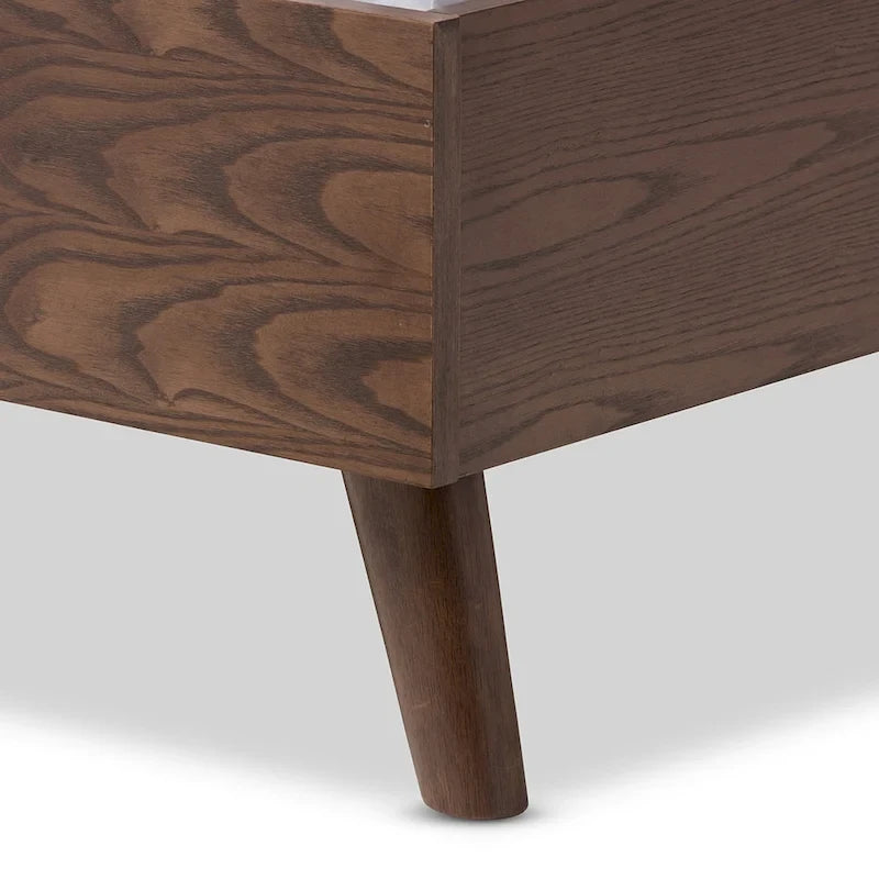 Mid-century Grey Upholstered Walnut Wood Platform Bed