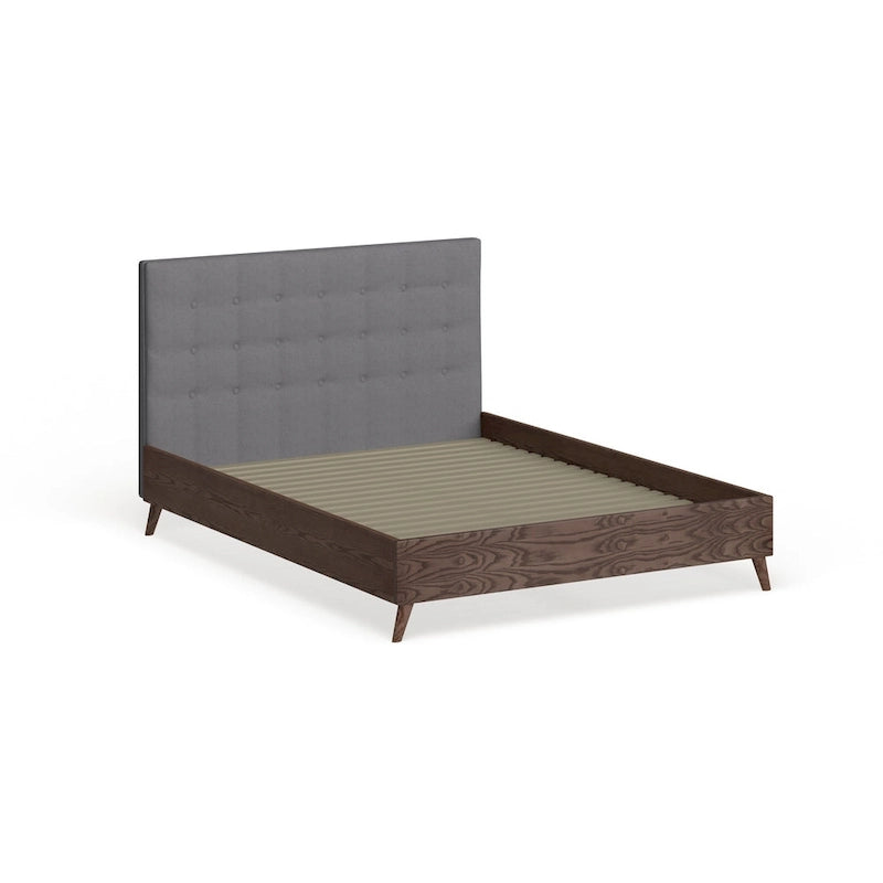 Mid-century Grey Upholstered Walnut Wood Platform Bed