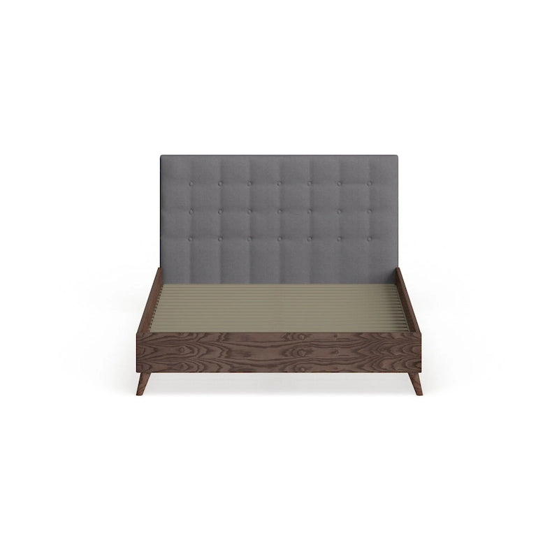Mid-century Grey Upholstered Walnut Wood Platform Bed