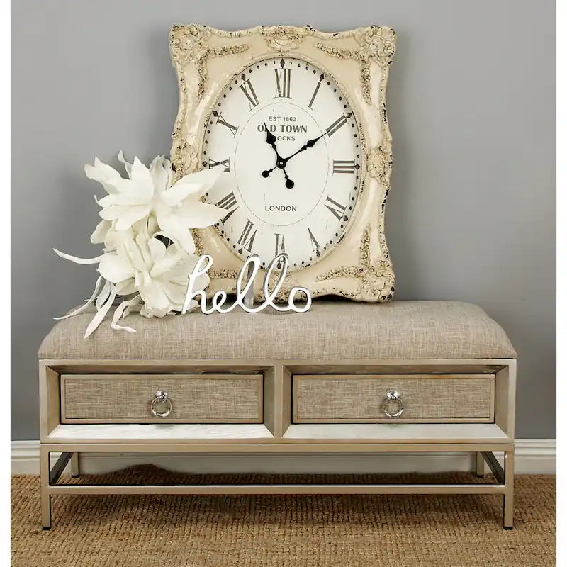 Linen Fabric Upholstered Storage Bench with 2 Drawers, Tufted Seat and Ring Handles, Beige
