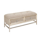 Linen Fabric Upholstered Storage Bench with 2 Drawers, Tufted Seat and Ring Handles, Beige